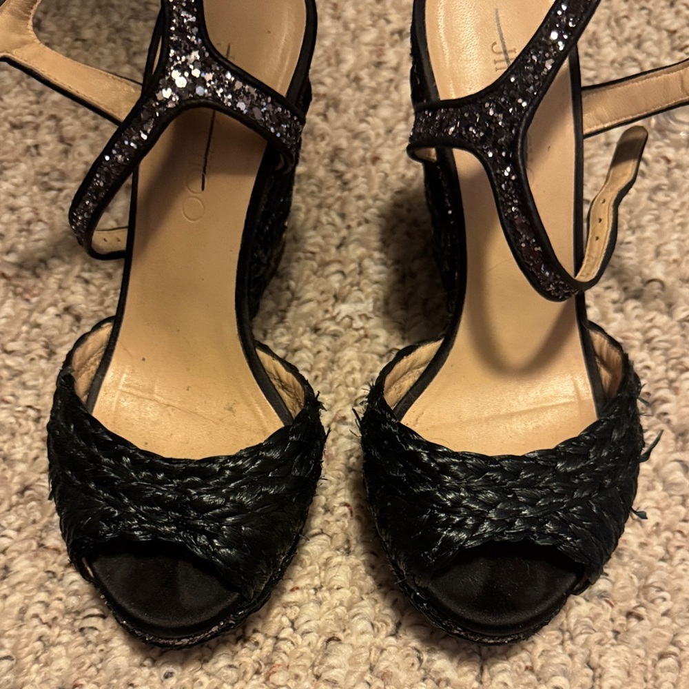 Jimmy Choo Black Glitter Woven Heels